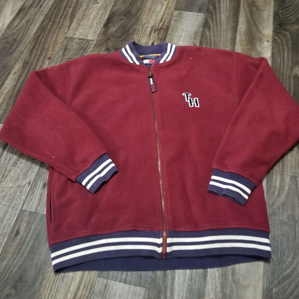 Vintage Tommy Hilfiger Red Full Zip Fleece Pullover Jacket Mens Large Burned Y2k